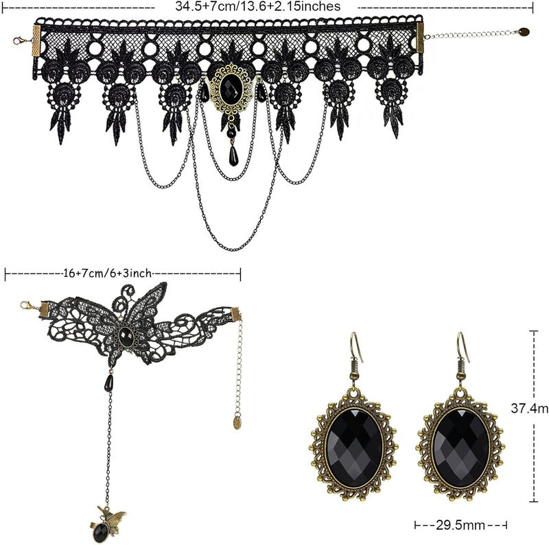 ELLEZZA Gothic Victorian Style Vampire Choker Necklace Bracelet Earrings Set,Halloween Pirate Steampunk Witch Vampire Costume Accessories Jewelry for Women,Adjustable Size - Image 5